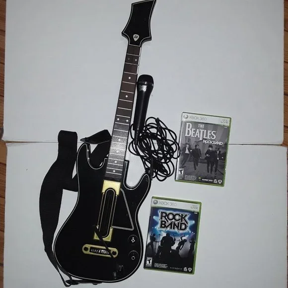 Guitar Hero Wireless Guitar, Xbox 360 W/ Dongle, Microphone Two Games,  VGUC